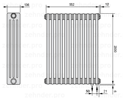 Схема (чертеж) Радиатор Zehnder Charleston 4200/12 №5510 Белый глянцевый RAL 9016